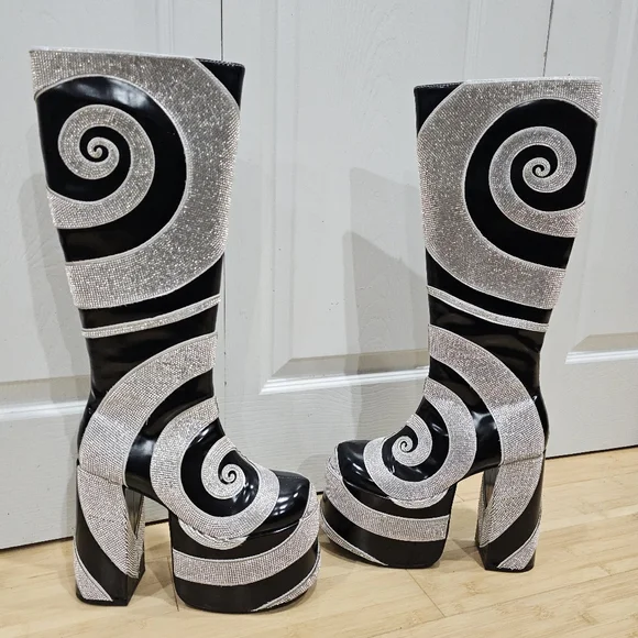 Dolls Kill Current Mood How Sweet It Is Platform Rhinestone Swirl Black Boots 8 - Picture 16 of 16